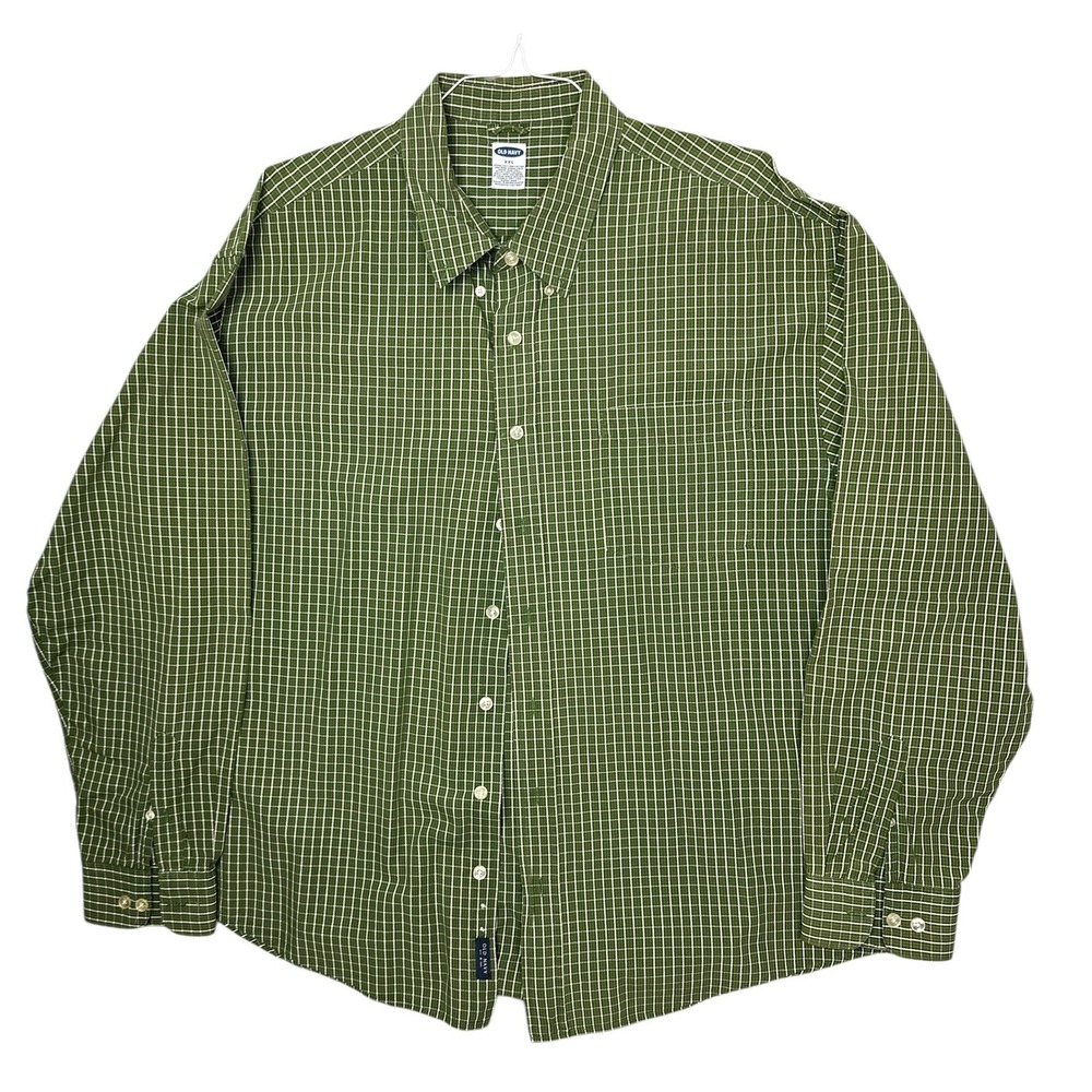 Old Navy Mens XXL Shirt Green White Grid Pattern Button Down Long Sleeve Cotton